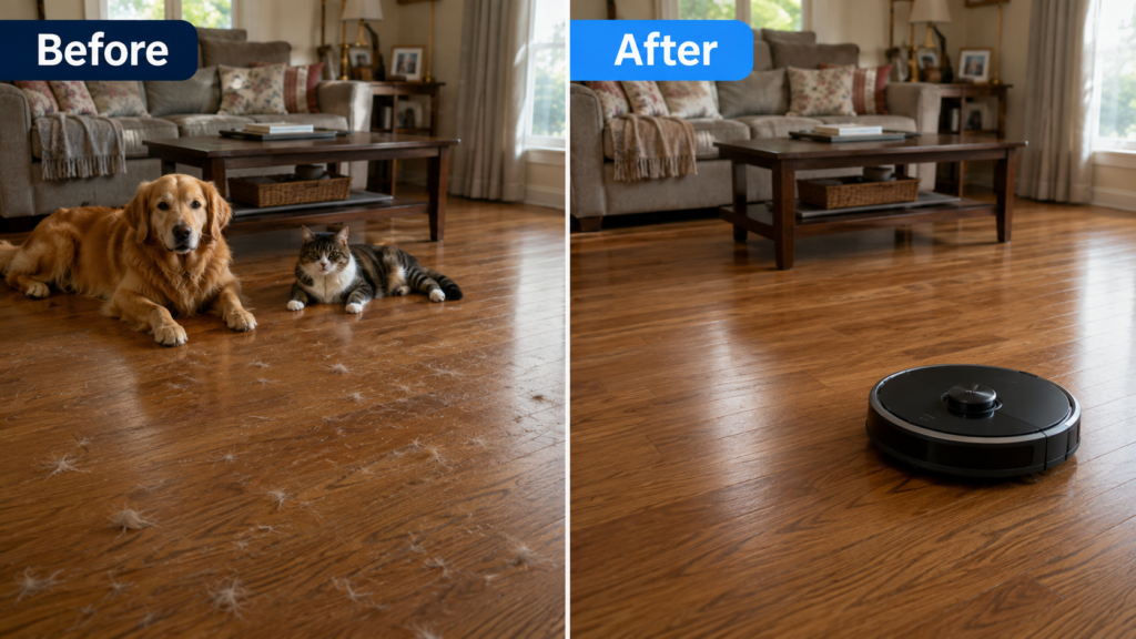 Shark AV2511AE review showing a before-and-after floor cleaned with a robot vacuum
