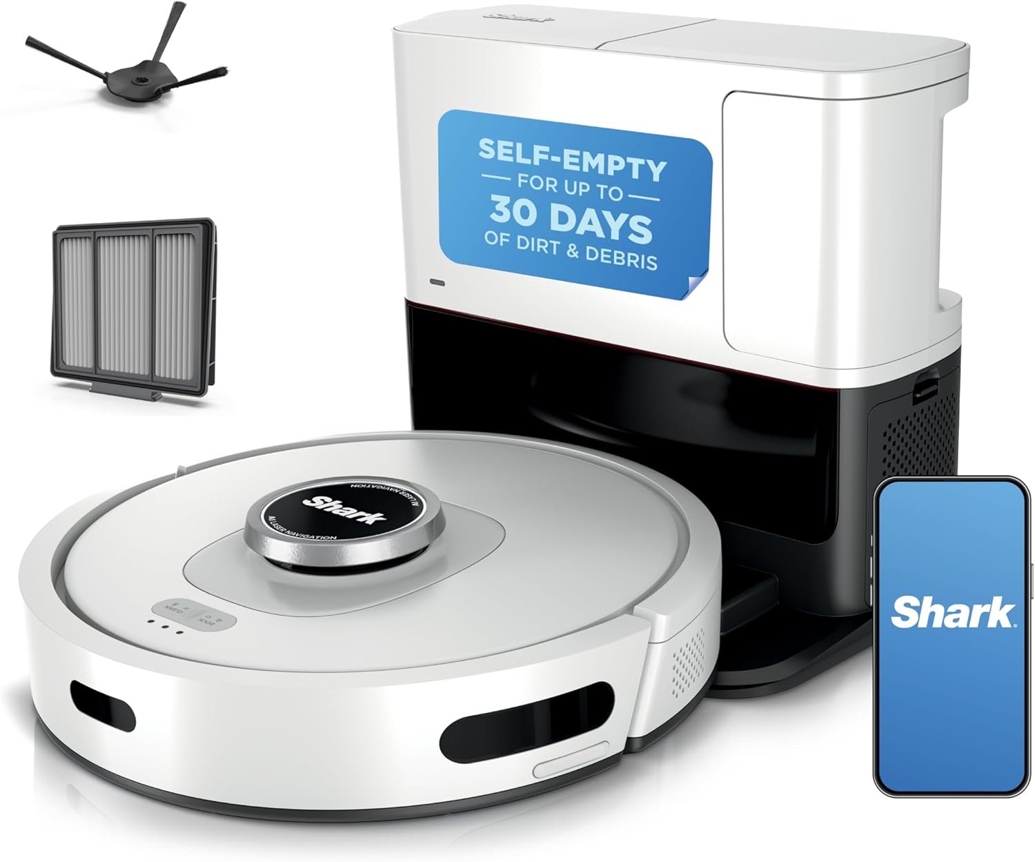 Shark AV2511AE AI Ultra robot vacuum cleaning pet hair and everyday debris from floors, with smart LiDAR navigation and a bagless self-emptying base.